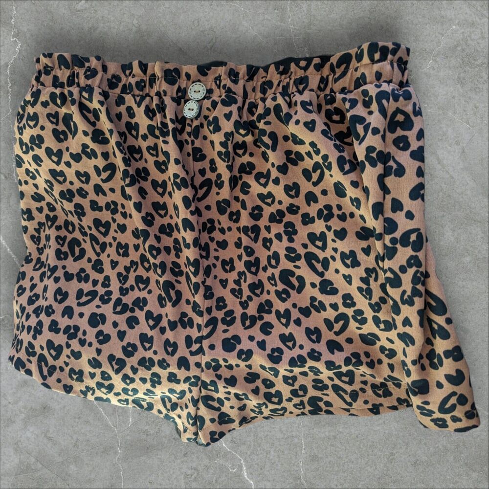 Shein Silky Leopard Print Spots Ruffle Stretch Waist Shorts Black/Brown Large